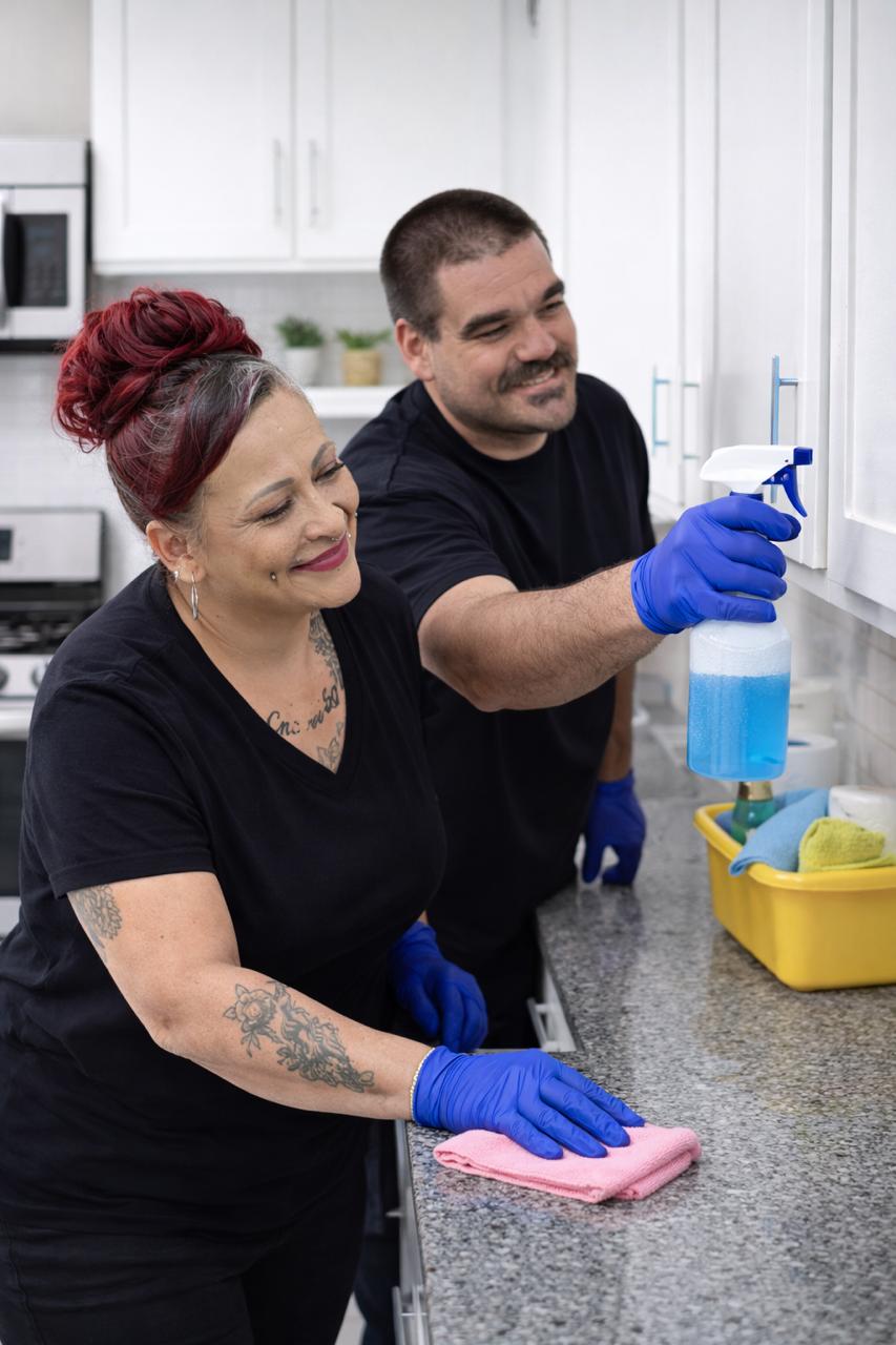 Christopher and Josiee cleaning a home